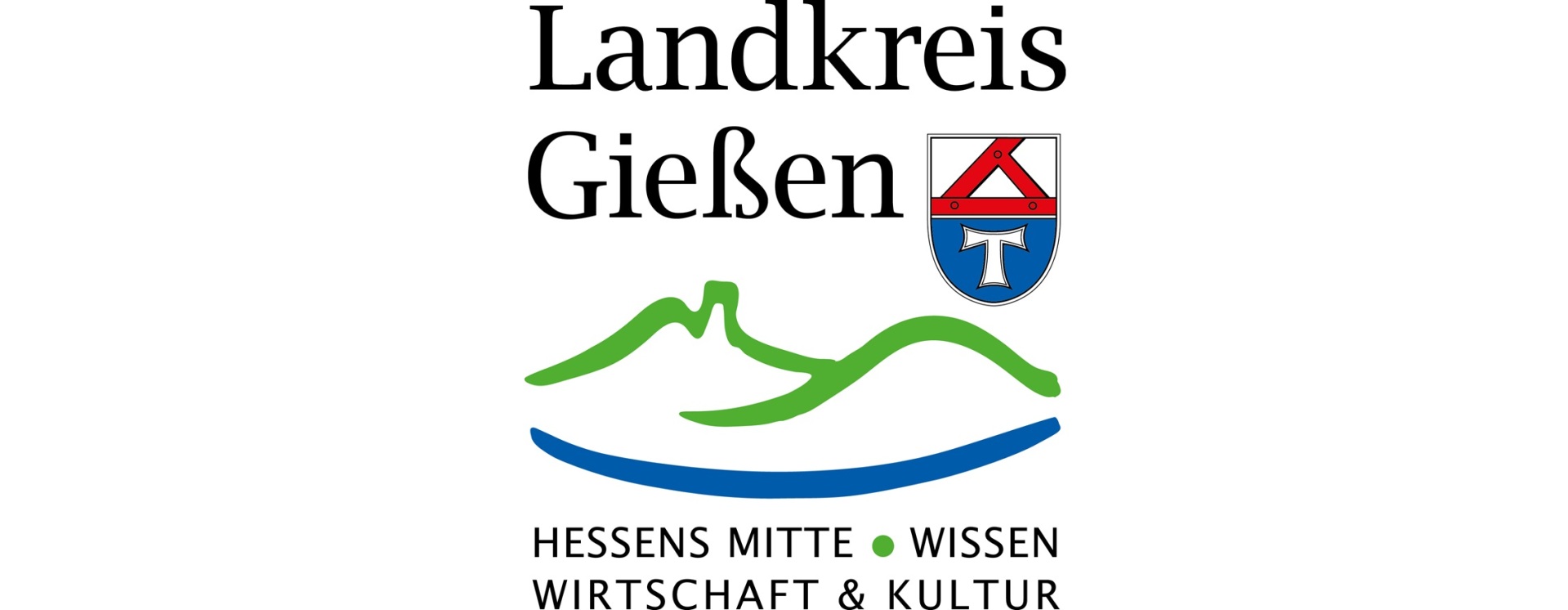 Logo des Landkreises Gießen mit Schriftzug ‚Landkreis Gießen‘, einem Wappen rechts daneben sowie grünen Hügel- und blauen Linien unter dem Text. Darunter steht: ‚Hessens Mitte • Wissen Wirtschaft & Kultur‘.