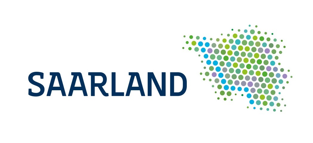 Logo des Saarlands mit dem Schriftzug ‚Saarland‘ und einer aus farbigen Punkten zusammengesetzten stilisierten Karte des Bundeslands.