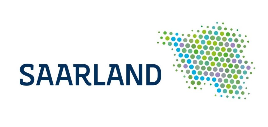 Logo des Saarlands mit dem Schriftzug ‚Saarland‘ und einer aus farbigen Punkten zusammengesetzten stilisierten Karte des Bundeslands.