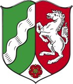 Landeswappen von Nordrhein-Westfalen mit Symbolen der drei Landesteile.