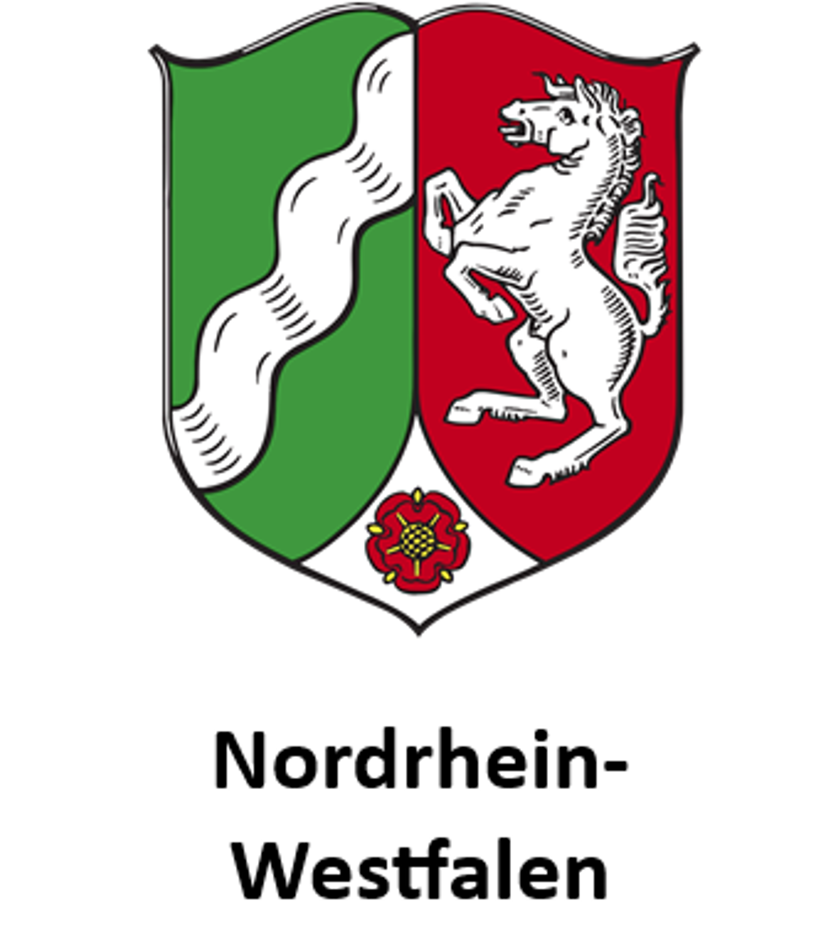 Landeswappen von Nordrhein-Westfalen mit Symbolen der drei Landesteile.