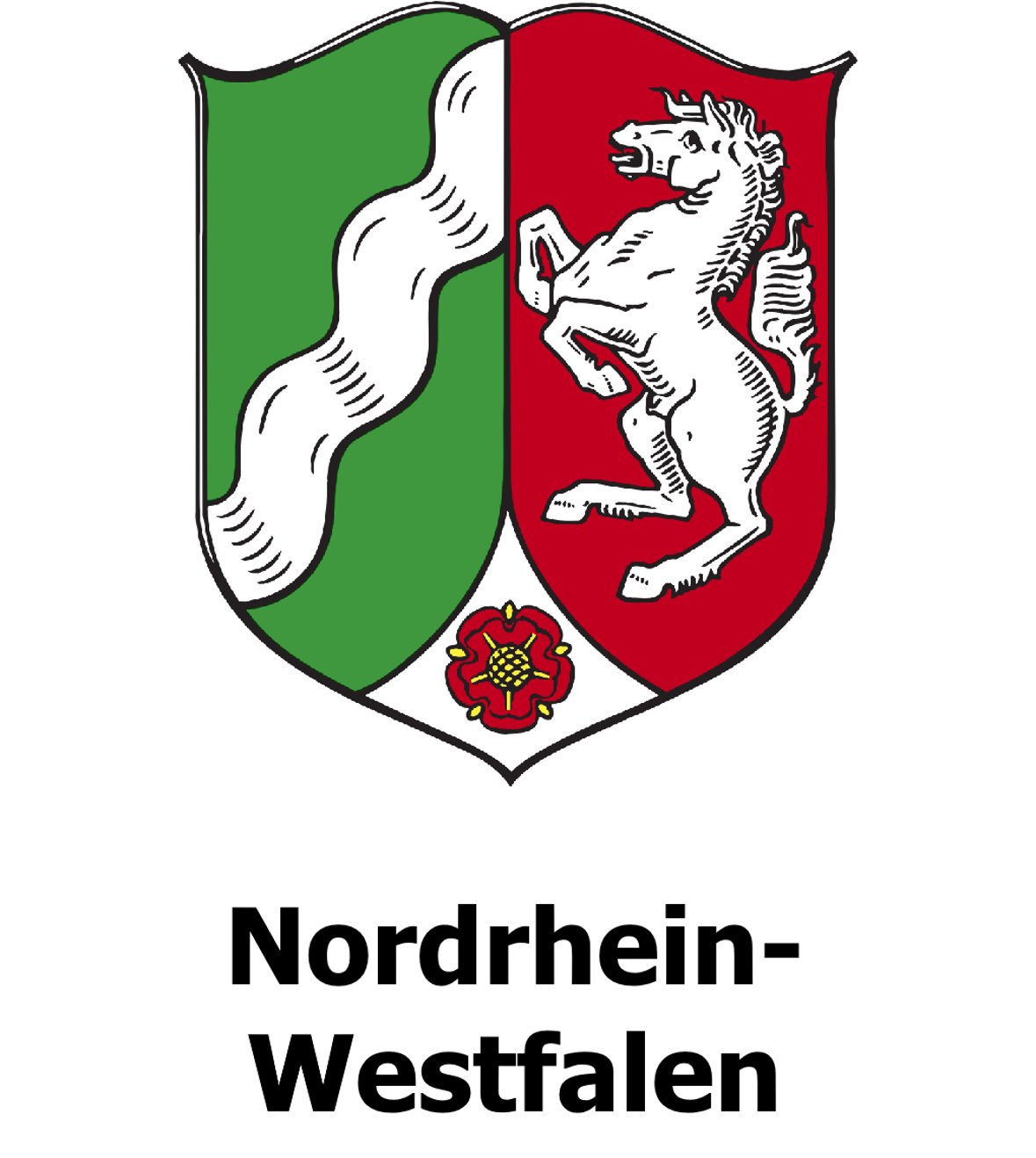 Landeswappen von Nordrhein-Westfalen mit Symbolen der drei Landesteile.